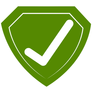 Bouclier vert avec un symbole de coche blanc au centre, symbolisant la sécurité ou la validation.