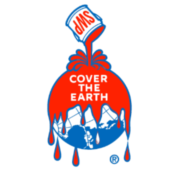 Une illustration d'une bombe avec de la peinture qui coule, portant le texte "Cover the Earth", avec une peinture rouge et bleue, et une dédicace "DMS"