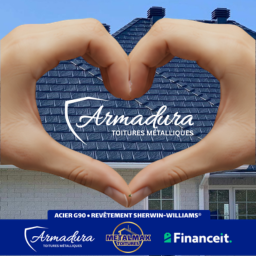 Mains formant un cœur devant une toiture métallique Armadura™ symbolisant protection et tranquillité d’esprit