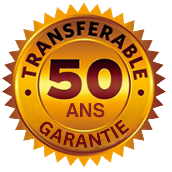 Sceau doré avec inscription en français, indiquant une garantie de 50 ans pour un produit ou service.
