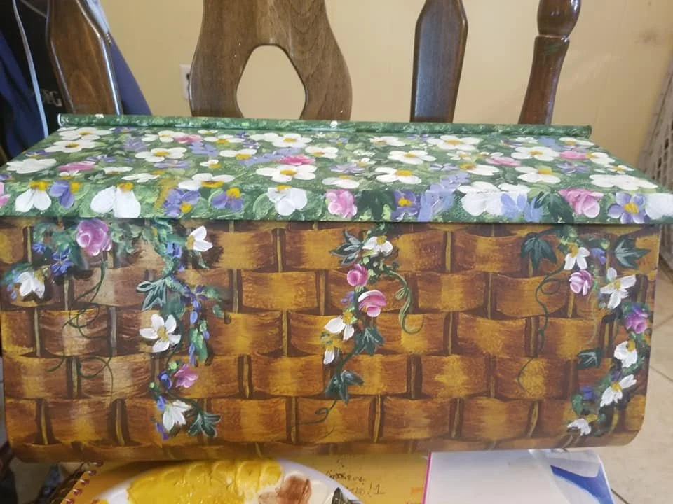 Hand-Painted Custom Mailbox with a Faux Woven Basket Filled with Roses, Daisies, Violets, Pansies, and Wildflowers