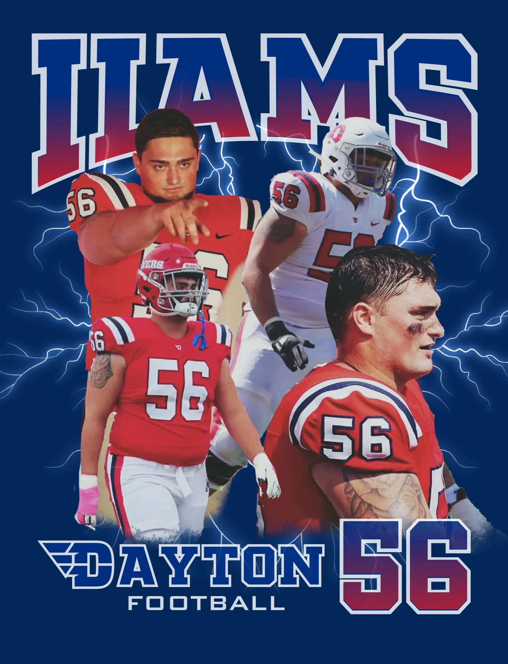 Collage of a football player in various poses wearing a red jersey with number 56, featuring the name 'IIAMS' and 'Dayton Football' on a blue background with lightning effects.