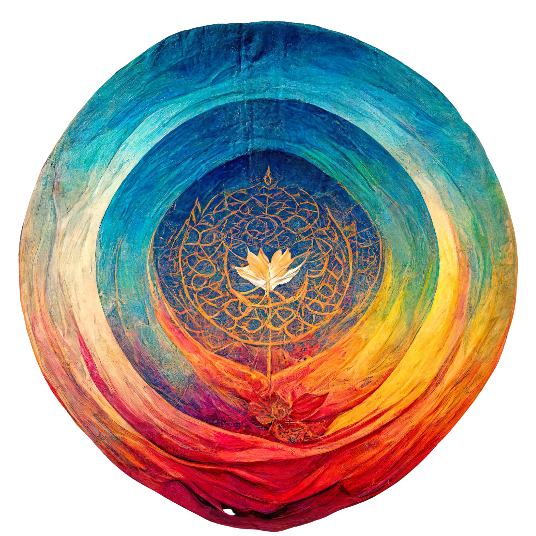 Colorful abstract artwork featuring layered rings in rainbow colors with a central lotus flower and intricate line patterns surrounded by swirling colors.