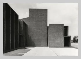a black and white exterior photo of the church