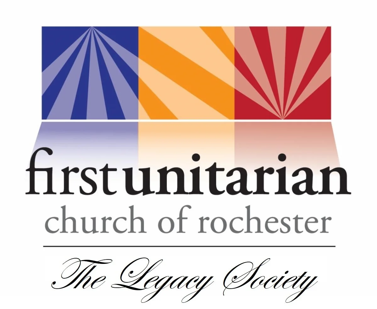 Logo for First Unitarian Church of Rochester featuring colorful geometric rays and text 'The Legacy Society'.