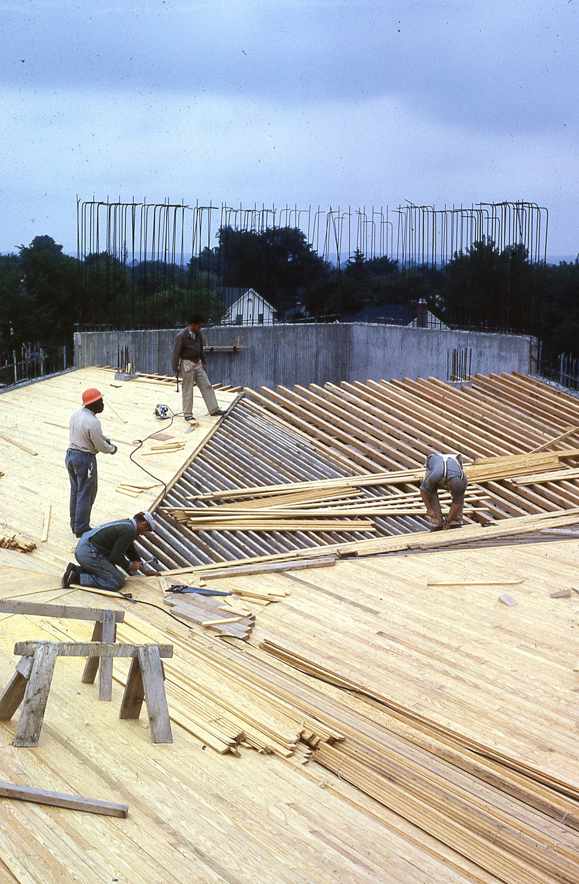 builders lay wood to form the concrete ceilings of the sanctuary.