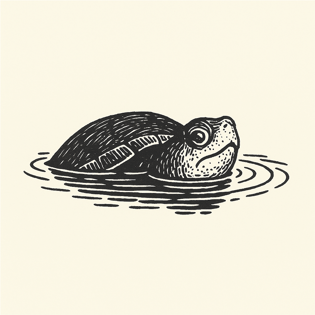 Illustration of a turtle in water with ripples.