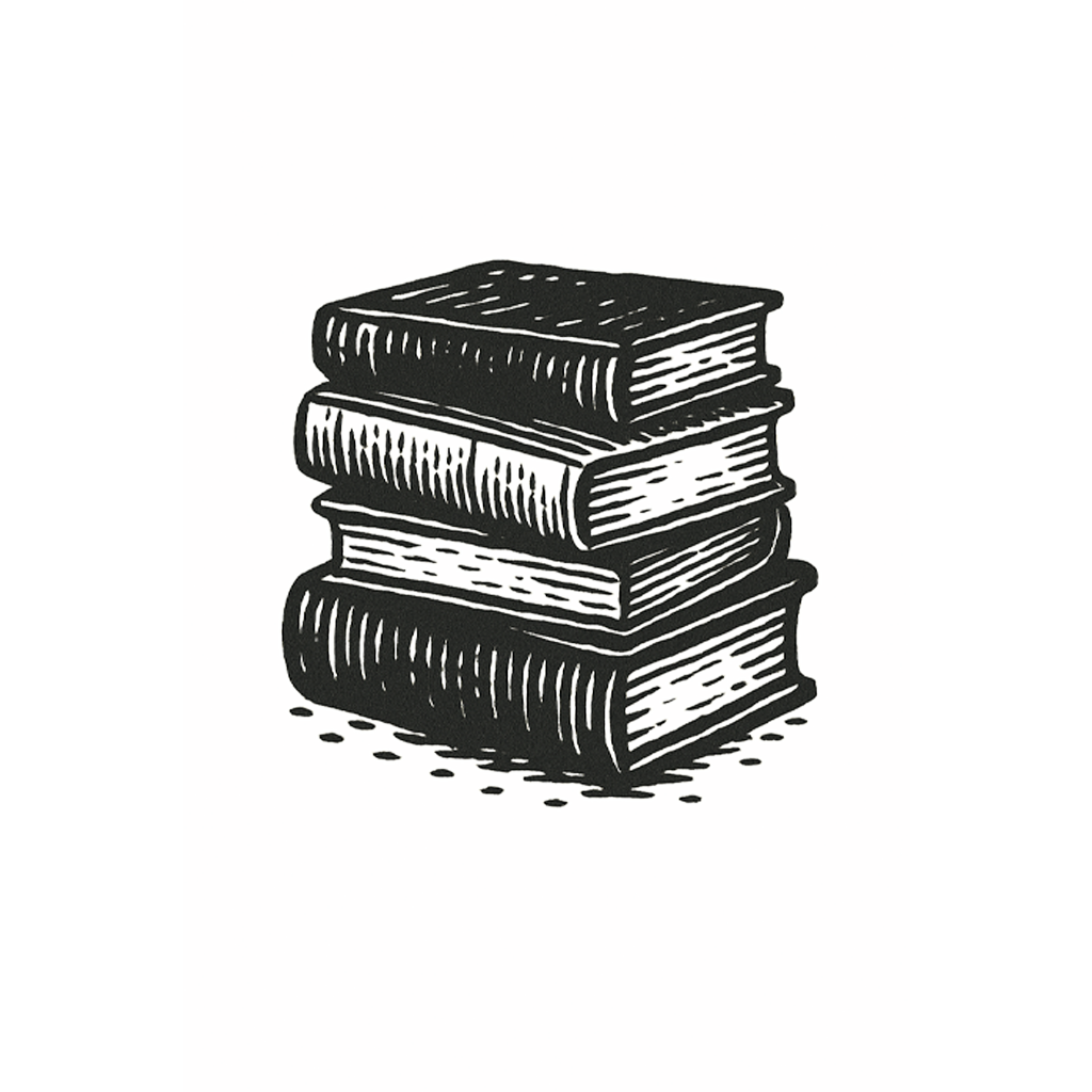 Illustration of a stack of books in black and white.