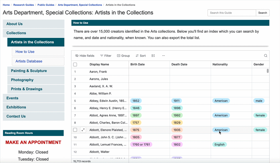 Digital screenshot of an online database from an arts department, showing a list of artists in the collections with details like birth and death dates, nationality, and gender. The interface includes options for filtering, grouping, and sorting, with menu options on the left for different art categories and information.