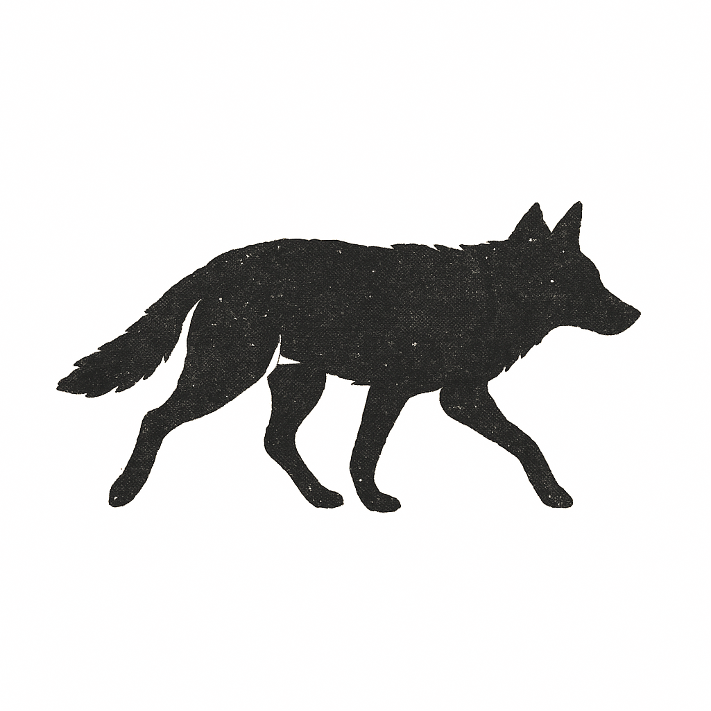 Silhouette of a walking coyote on a light background.
