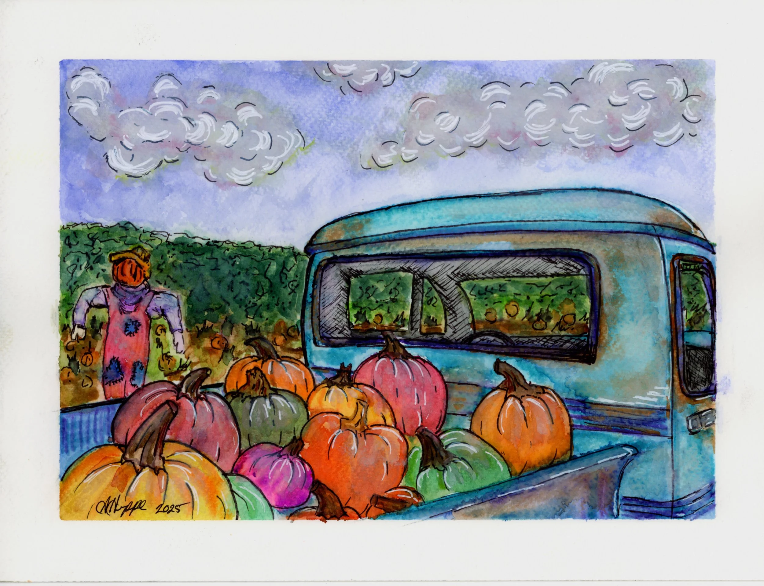 Art of Pumpkin Picking,  12in x 9in, Media: Mixed ( watercolor and black inks). Year: 2025