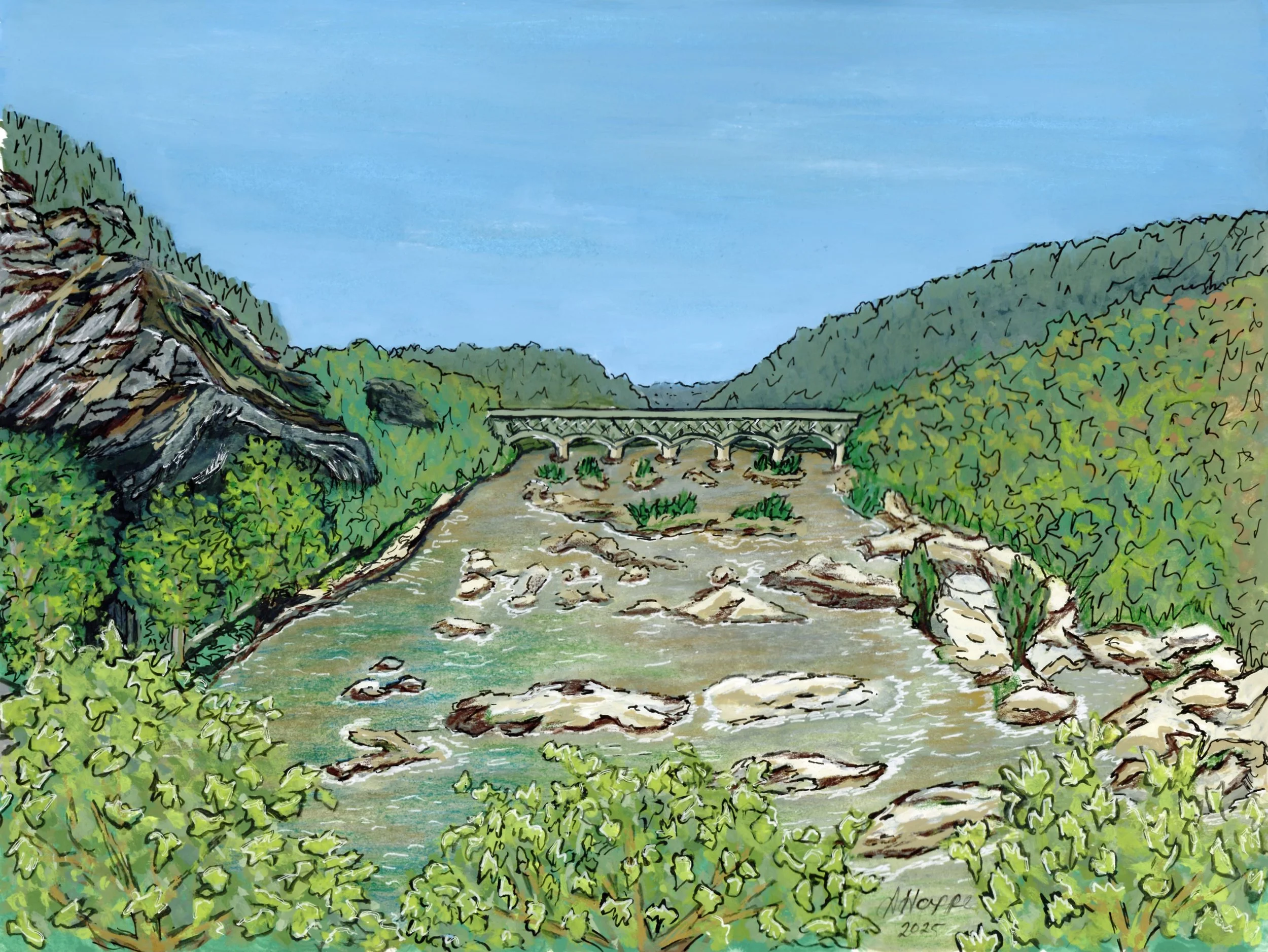 Potomac & Shenandoah River. 12in x 9in. Medium: Gouache. Year 2025. ( SOLD) 