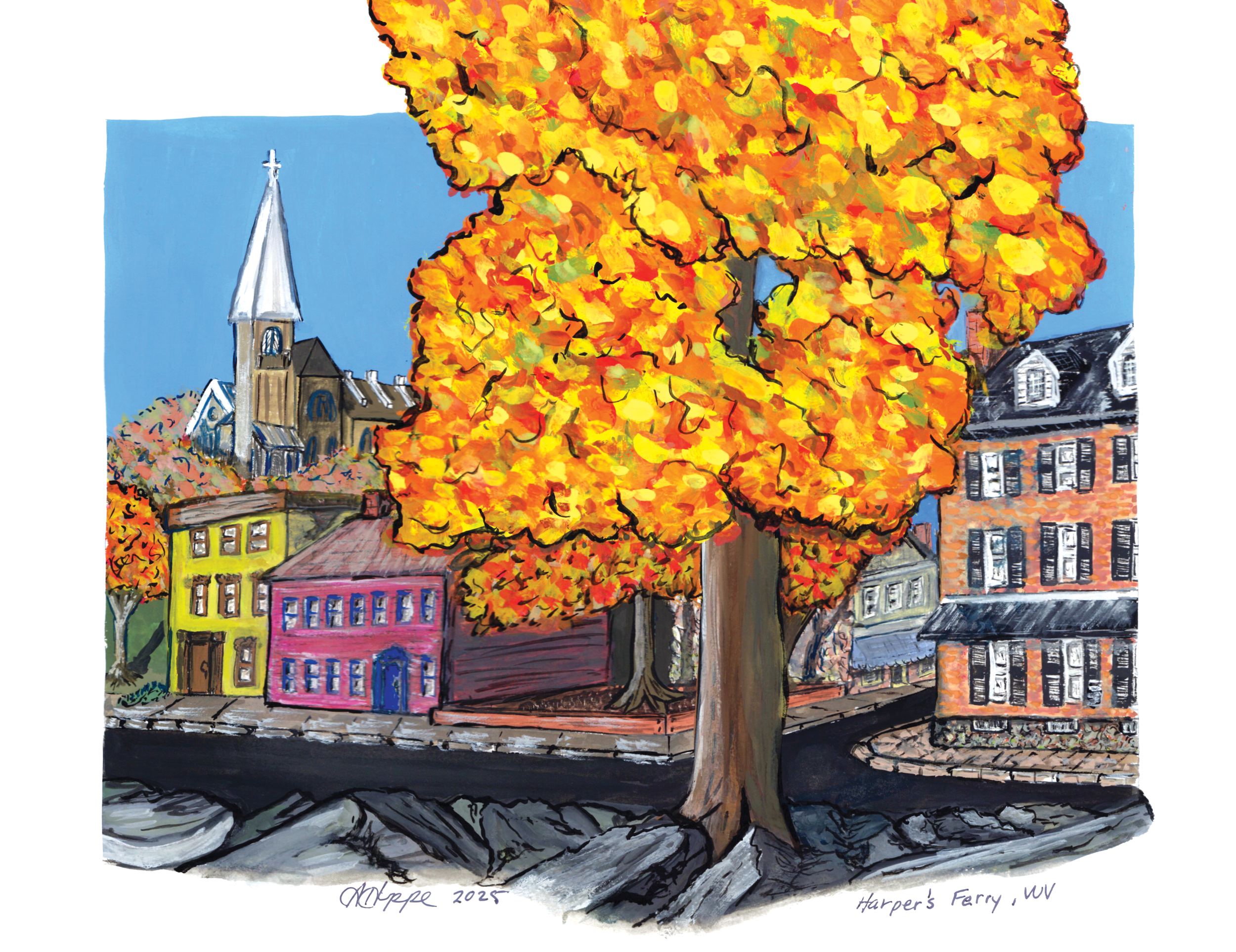 Fall in Harpers Ferry. 9in x 12in, Medium: Gouache. Year: 2025 