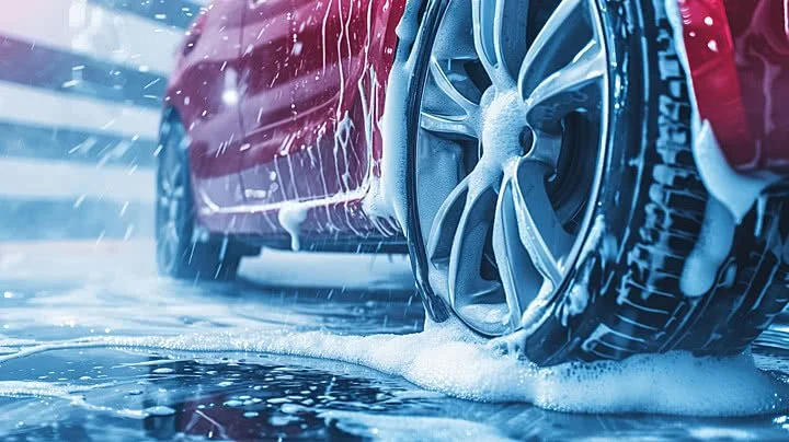 Coche rojo siendo lavado con espuma y agua en un lavadero