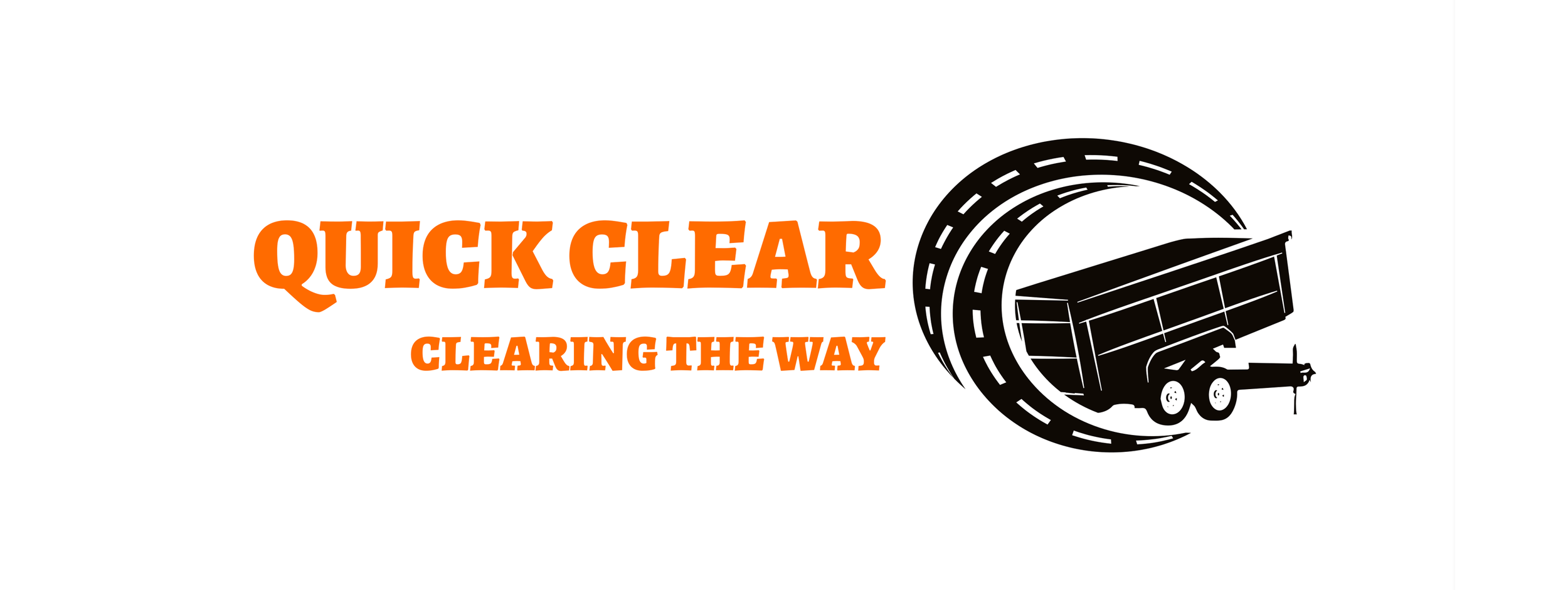 Logo for 'Quick Clear' featuring an illustration of a trailer inside a curved road design, with text 'Clearing the Way' below.