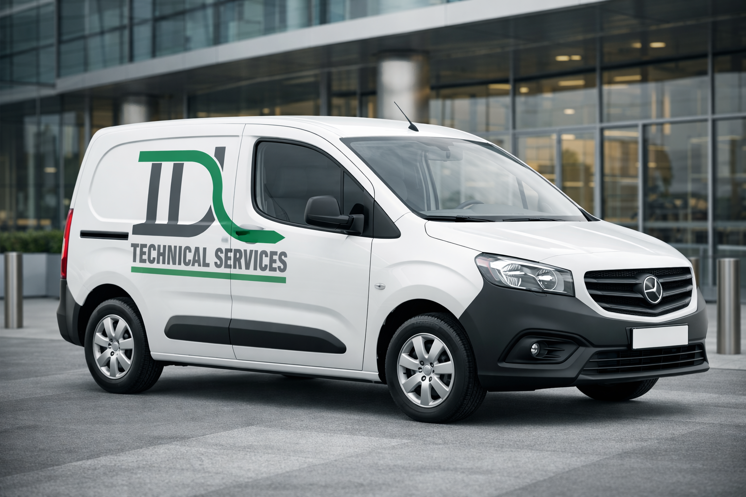 White Mercedes-Benz van with a logo and the words "Technical Services" parked outside a modern glass building.