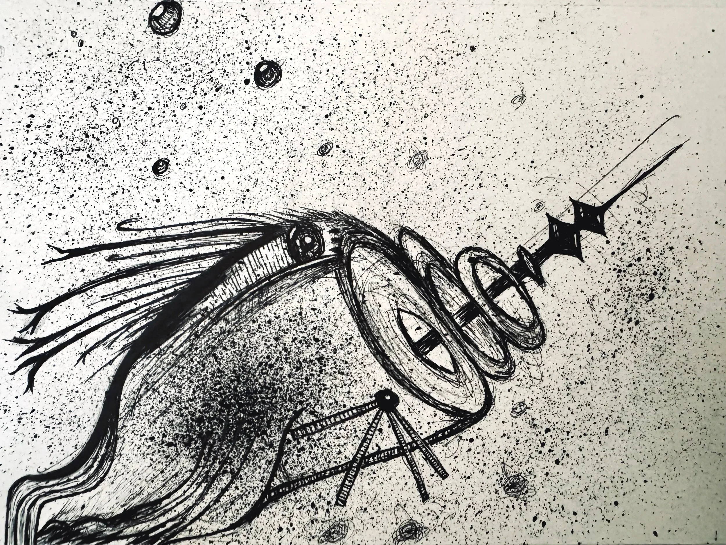Black ink drawing on white background depicting various abstract shapes, splatters, lines, and a detailed insect, resembling a fly, with antennae and wings.