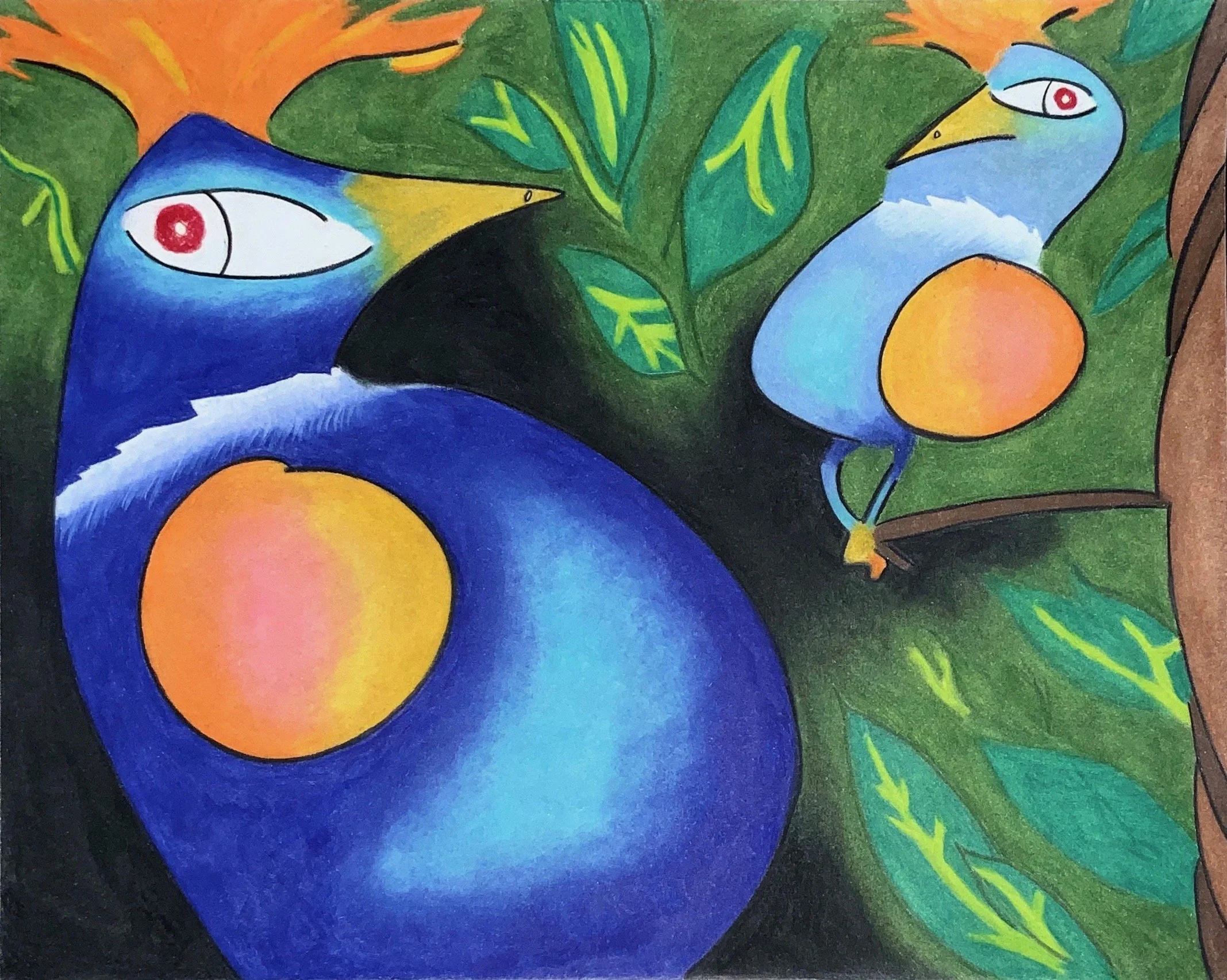Colorful drawing of a scene with two toucans, surrounded by green leaves and orange flowers, with one toucan sitting on a branch and the other peeking out from behind leaves.