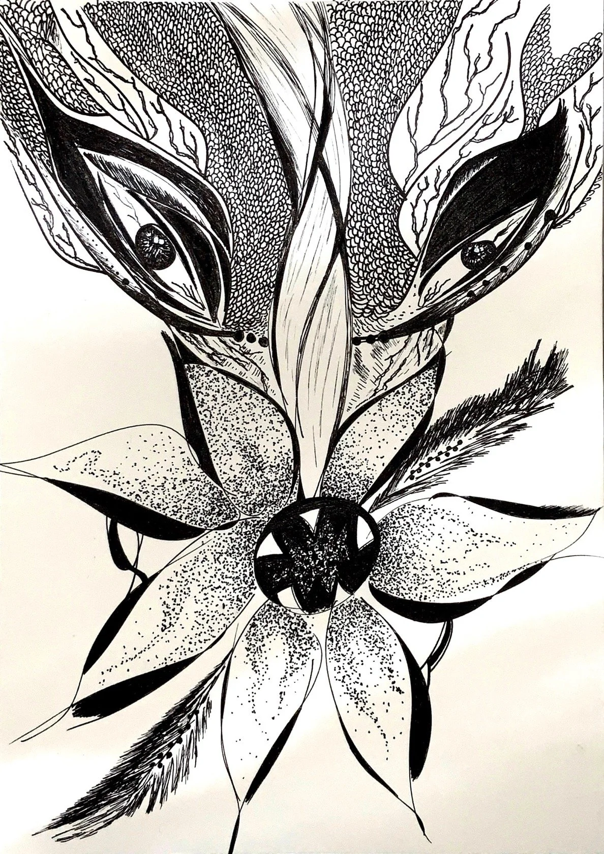 Black and white drawing of a flower with detailed petals, leaves, and small decorative elements, featuring intricate line work and shading.
