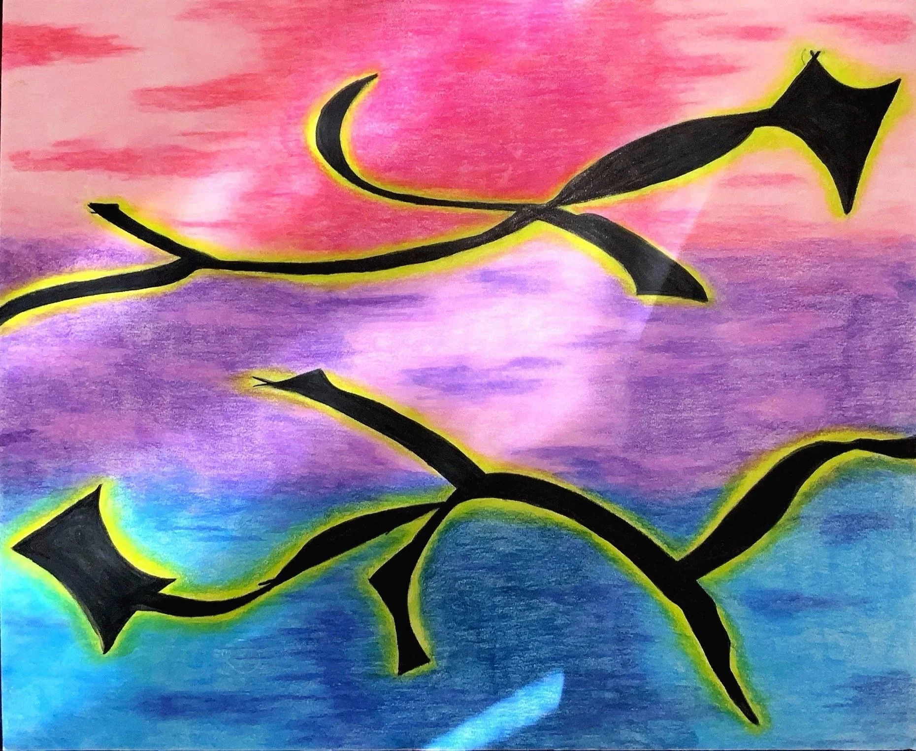 Colorful artwork with abstract black shapes outlined in yellow, set against a vibrant pink, purple, blue, and green background.