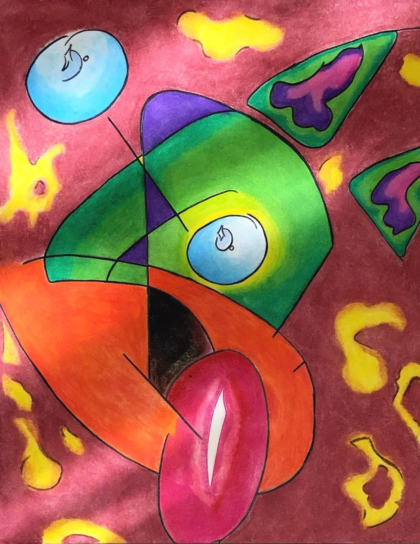 Abstract colorful artwork featuring green, purple, orange, pink, and blue shapes with yellow accents against a reddish background.