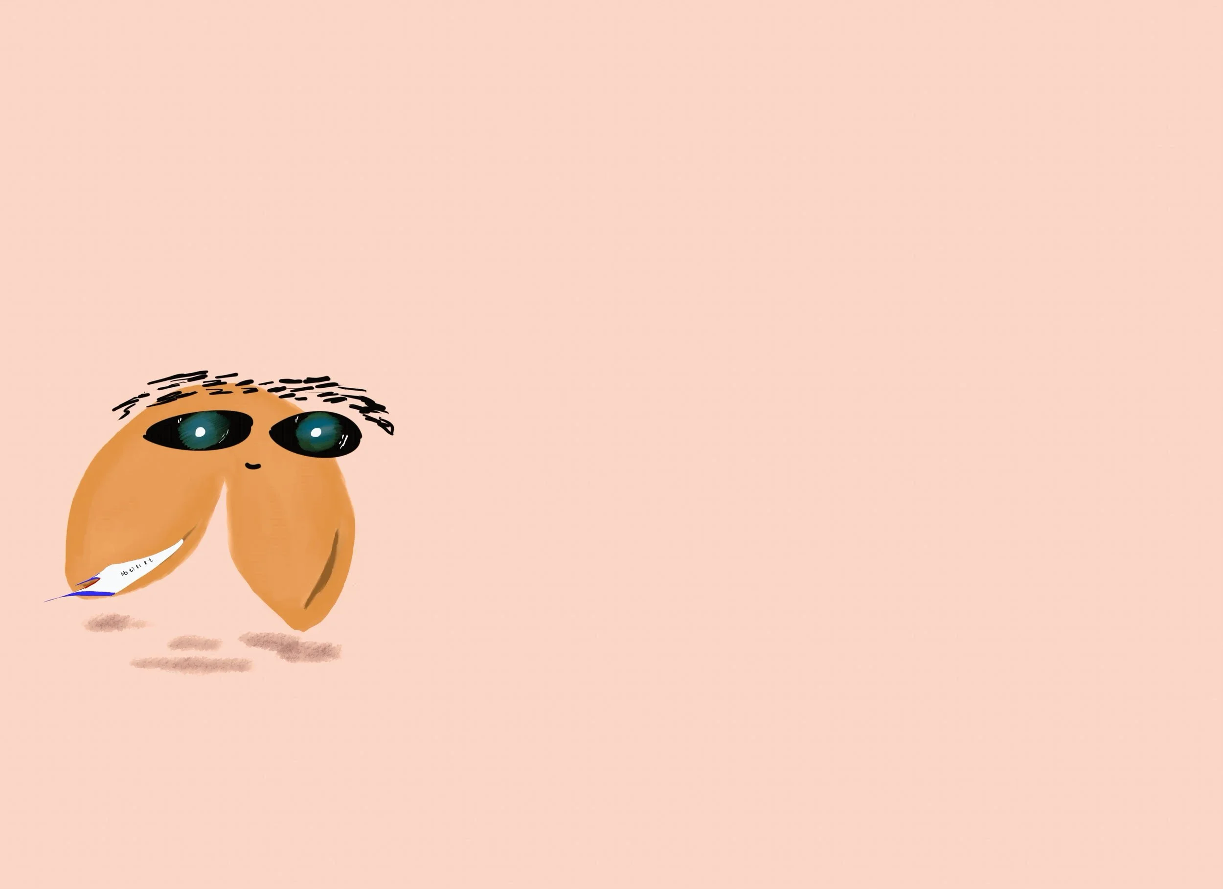 A cute, cartoon drawing of a dog with big, shiny green eyes, a small black nose, and a tiny smile, standing on a pink background.