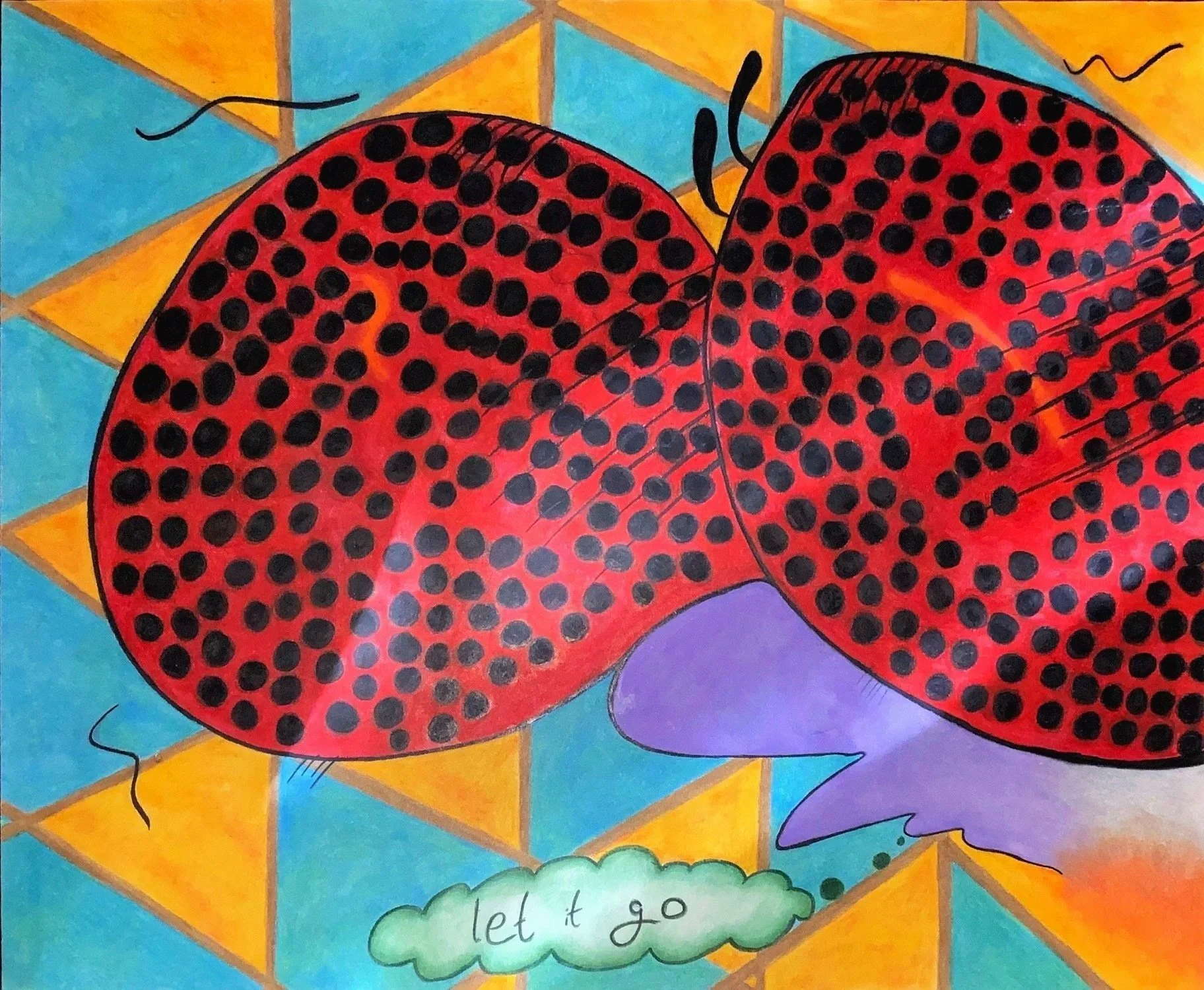 Colorful illustration featuring a red ladybug with black spots against a vibrant geometric background with yellow, blue, purple, and green shapes. A speech bubble in the bottom reads 'let it go'.