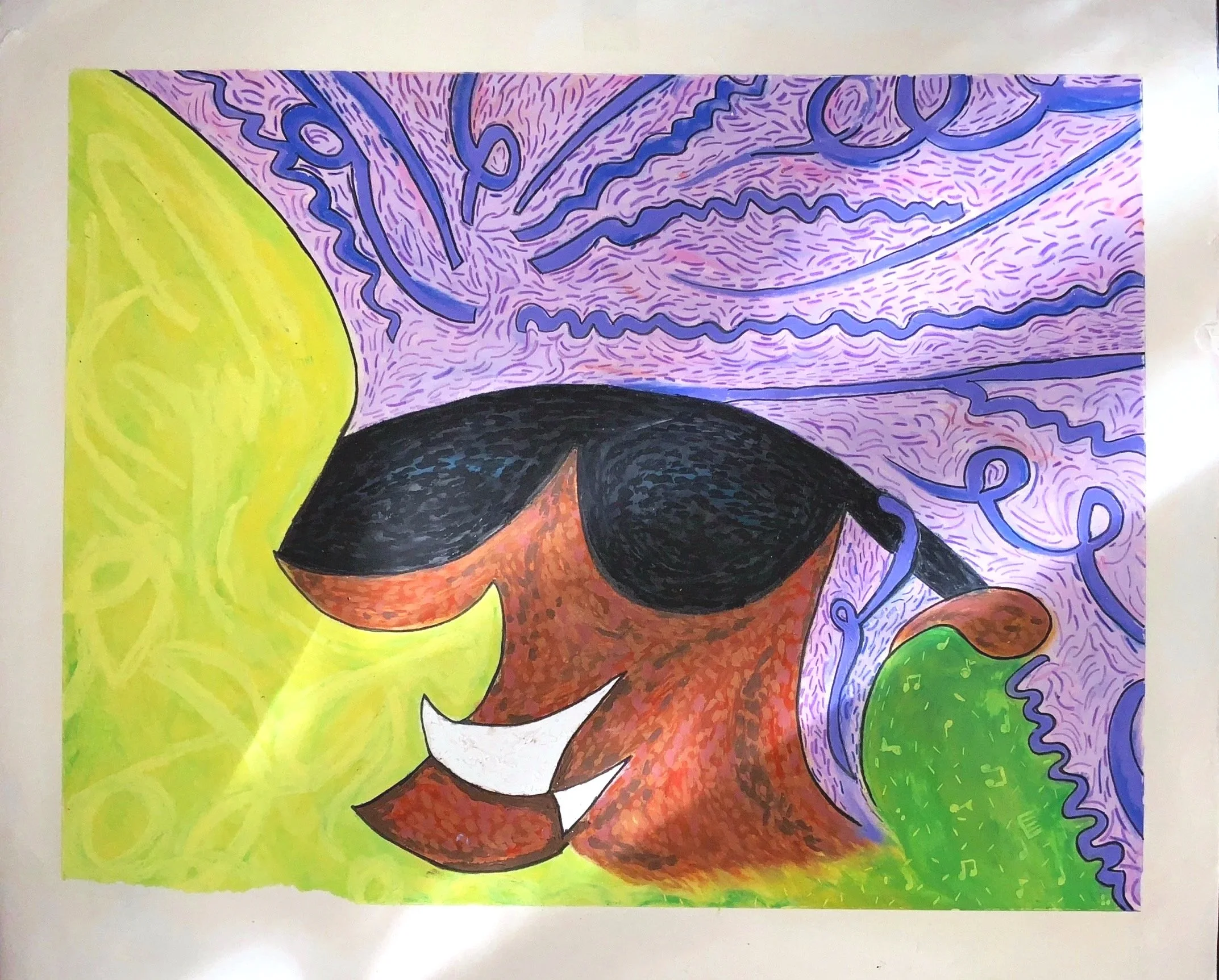 A colorful drawing of a person's face with glasses, with abstract purple and pink swirls in the background, and green and yellow sections on the sides.