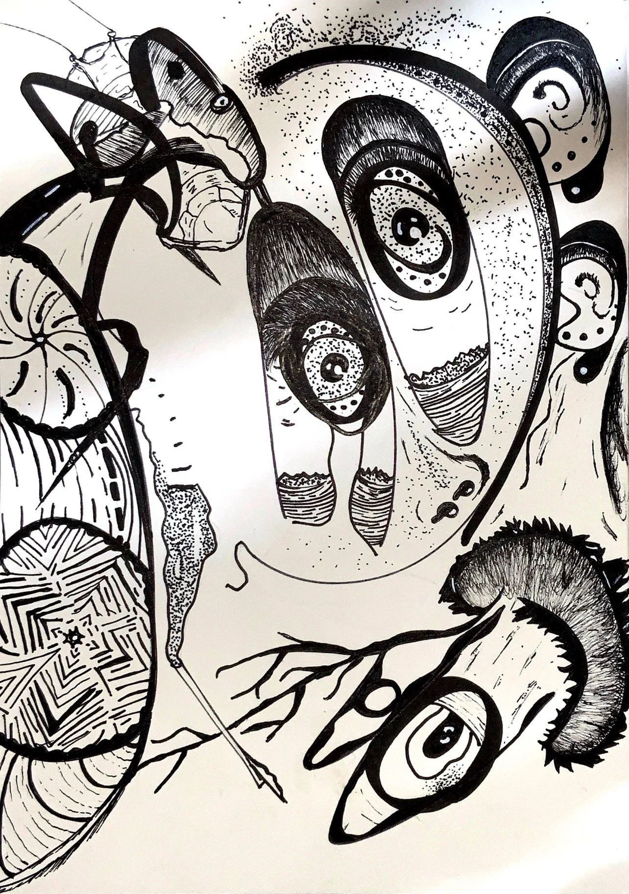 Black and white abstract drawing with various patterns, eyes, and spiral shapes.