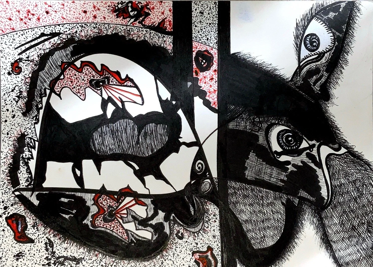 Black and white abstract artwork featuring two human faces and a cat's face, with intricate line work, patterns, and red accents.