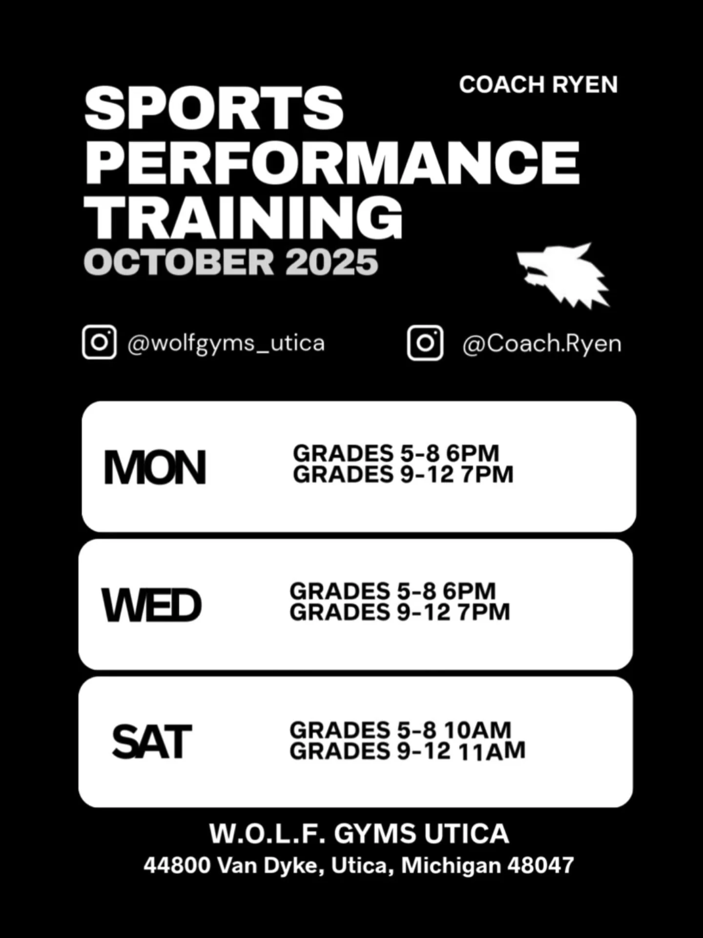 🚨 October Sports Performance Training Schedule 🚨

It&rsquo;s time to lock in for the month and take your game to the next level 💪🏽⚡

📍 W.O.L.F. Gyms Utica
44800 Van Dyke, Utica, MI 48047

Weekly Schedule:
	&bull;	Mon &rarr; Grades 5&ndash;8 @ 6P