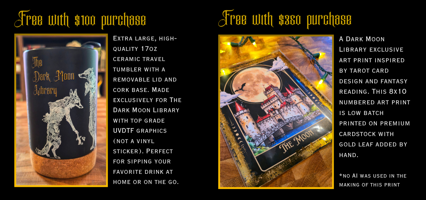 Two promotional images advertising free or discounted Dark Moon Library products. The left shows an extra large, high-quality ceramic travel mug with a removable lid and cork base, featuring a graphic of a wolf and a dragon on a black background. The right shows a framed art print of a castle scene with the moon, surrounded by yellow string lights.