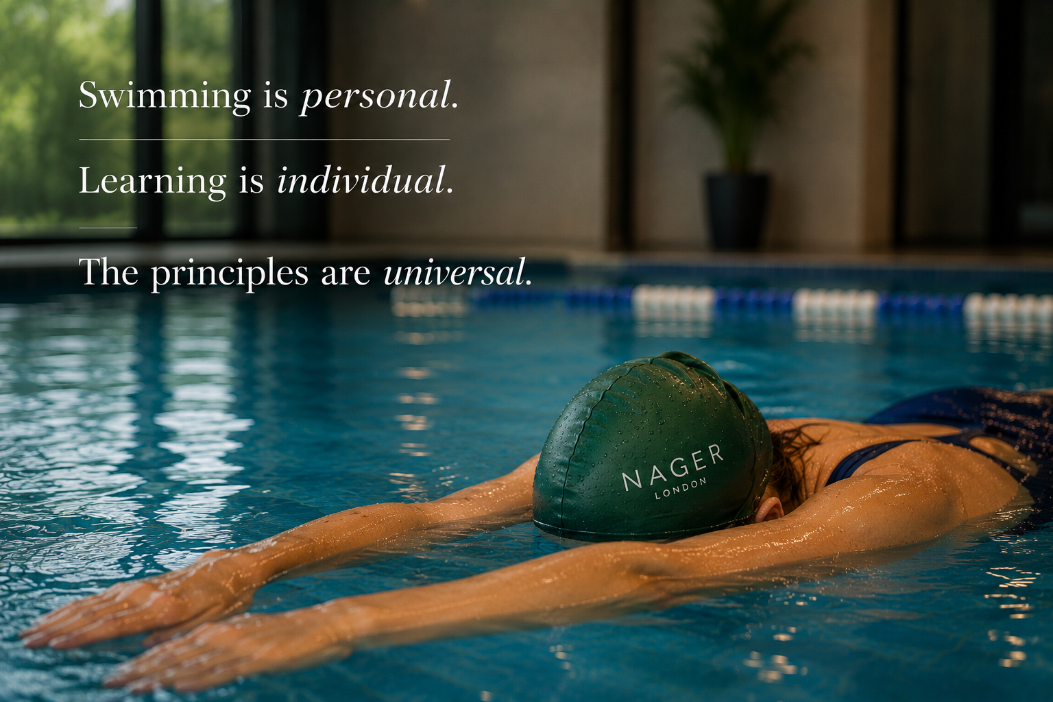 Swimmer demonstrating how personalised coaching and universal swimming principles support confidence and technique in the water.