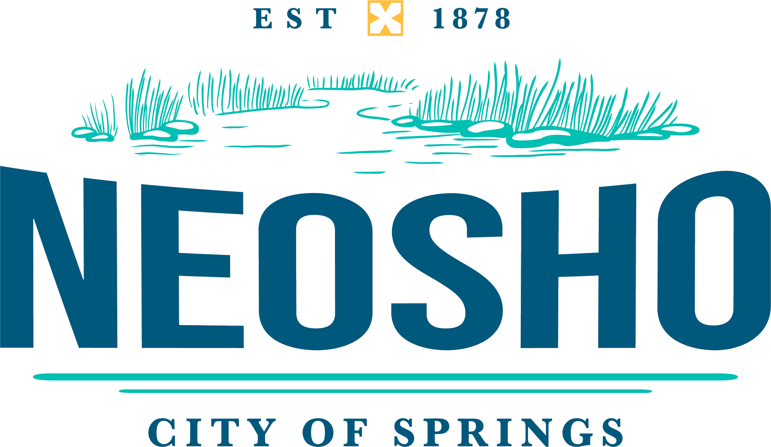 A detailed logo of the city of Neusha featuring a river with surrounding grass and the phrase 'City of Springs'