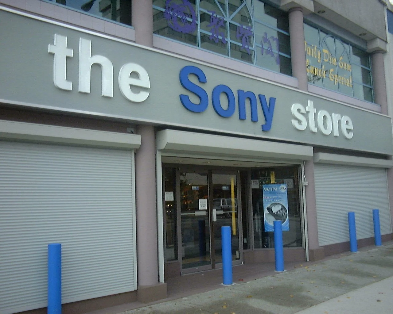 Sony Store exterior in San Diego featuring commercial-grade security screens and roller shutters from Vanishing Screens.