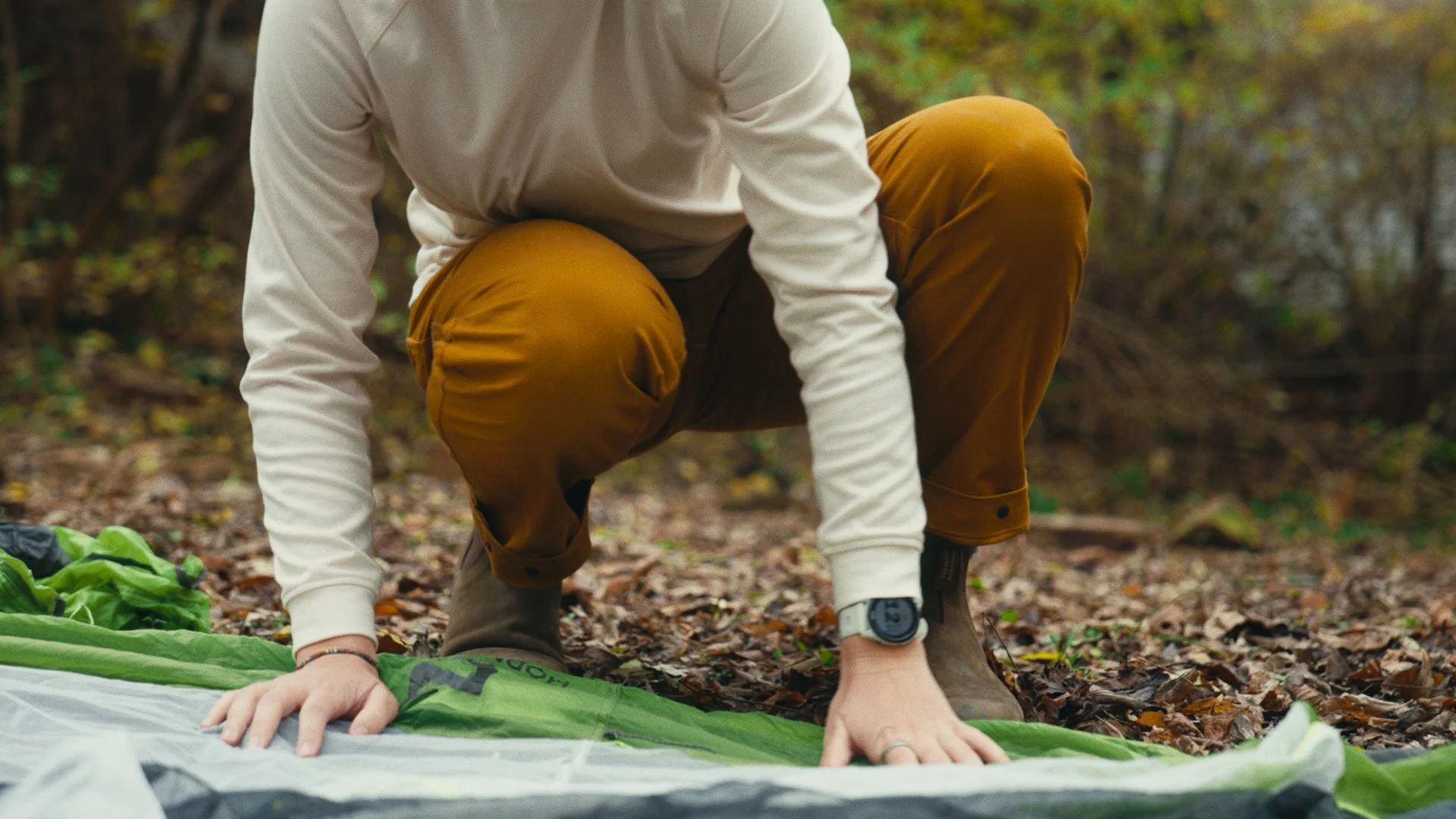 Campsite preparation lifestyle video still, Livsn brand campaign, Arkansas