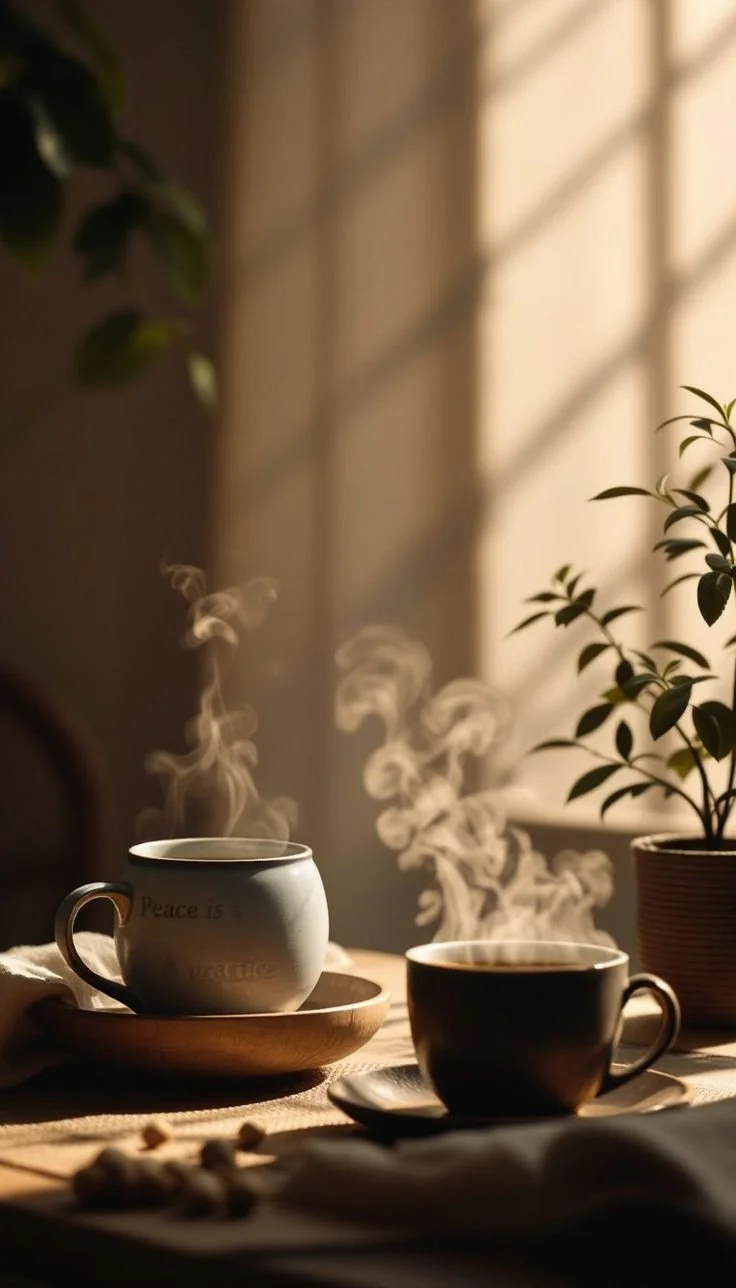 Two steaming coffee mugs on a wooden table with a potted plant, bathed in warm sunlight.