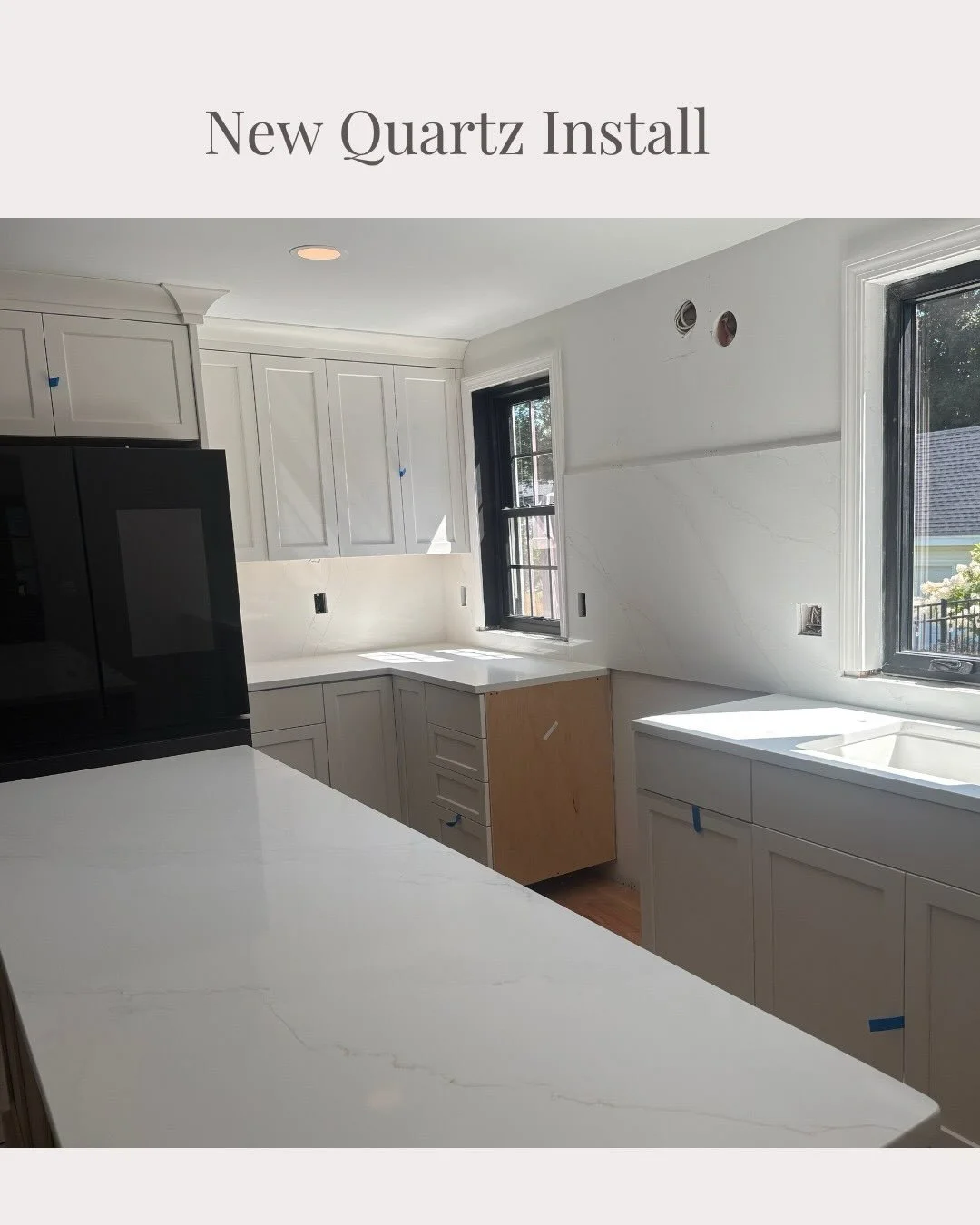 Wanted to highlight this incredible install we did recently! In this project we used &ldquo;Calacatta Abezzo&rdquo;, 3cm/2cm, Polished by MSI Surfaces. A beautiful Quartz with a soft white background and subtle warm veins. 

If you&rsquo;re looking t
