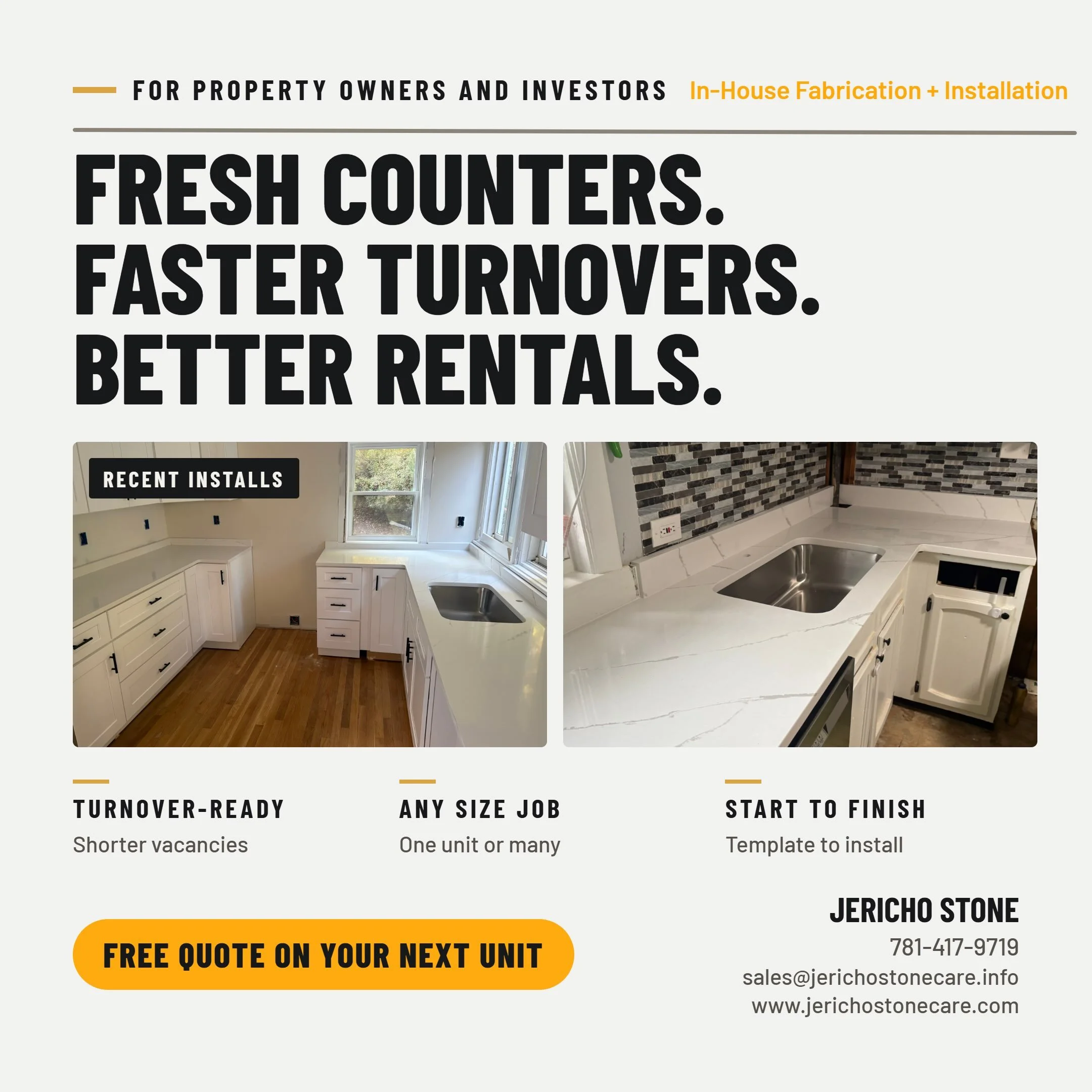 Turning over a unit? Countertops are on the fastest upgrades you can make between tenants. Check out these recent installs we did for property owners that made counter upgrades. 

We template, fabricate, and install everything in house. Let us help e