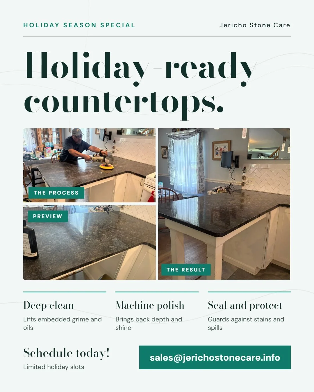Haven&rsquo;t sealed your countertops this year? Check out our restoration process for natural stone countertops! Our three step process helps bring a new shine to your countertops. 

All cracks, chips, and seam repairs are quoted on site based on th