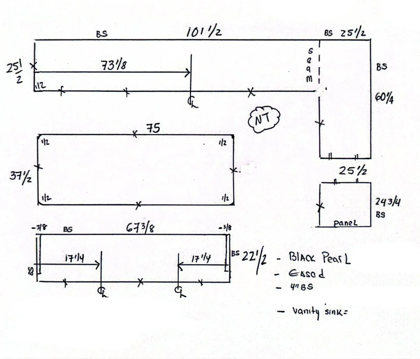 Hand-drawn diagram of a woodworking project with measurements and notes, including various rectangular pieces, labeled and scaled, with a cloud labeled 'NT' and some handwritten specifications.