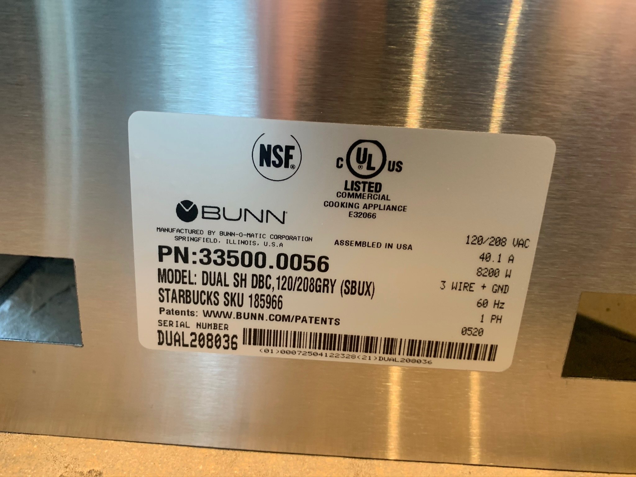Label on Bunn commercial appliance showing model, voltage, and specifications.