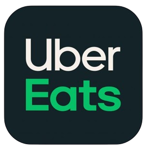 Uber Eats logo with white "Uber" and green "Eats" text on a dark background.