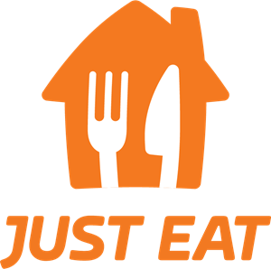 Just Eat logo featuring an orange house with a fork and knife design, and the text "Just Eat" below.