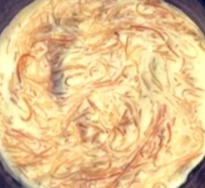 Close-up of a creamy dish with thin pasta strands, possibly pasta in a cheese or cream sauce.