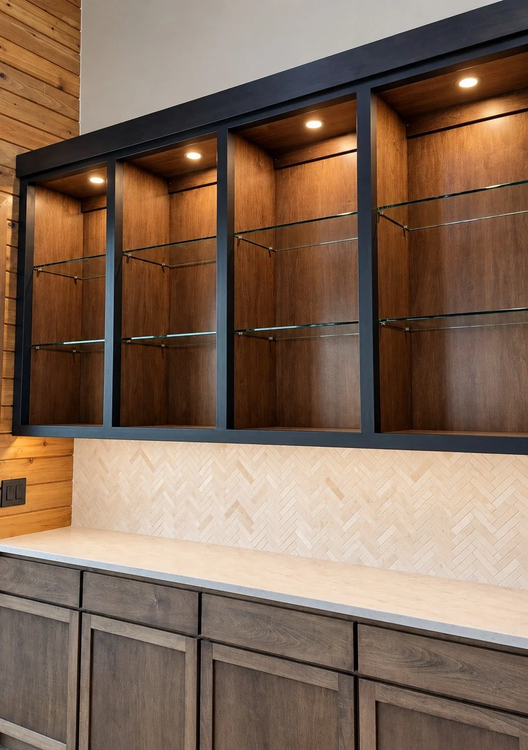 A closer look at the bourbon room cabinetry and stone surfaces.