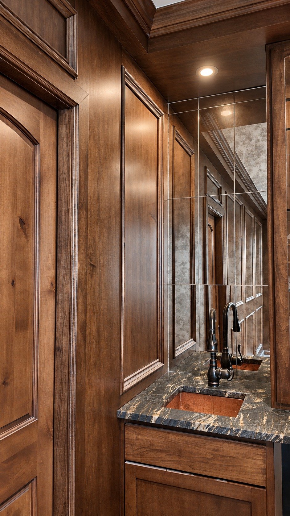 Paneled walls, antiqued mirrors, and a copper sink in the bourbon room.