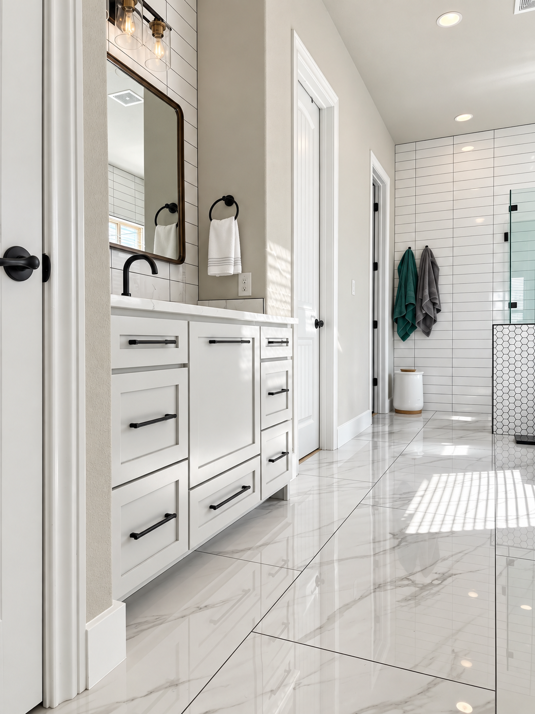 Custom white bathroom cabinetry with dark hardware and a glass shower in a full bathroom remodel.