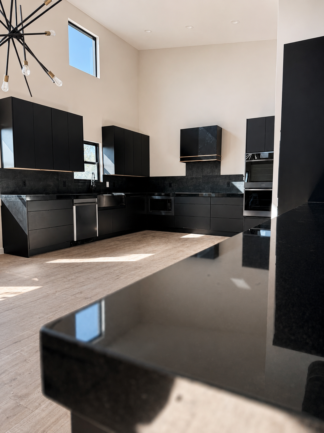 Modern kitchen with black cabinets, stainless steel appliances, and light wood flooring, illuminated by natural light from high windows.