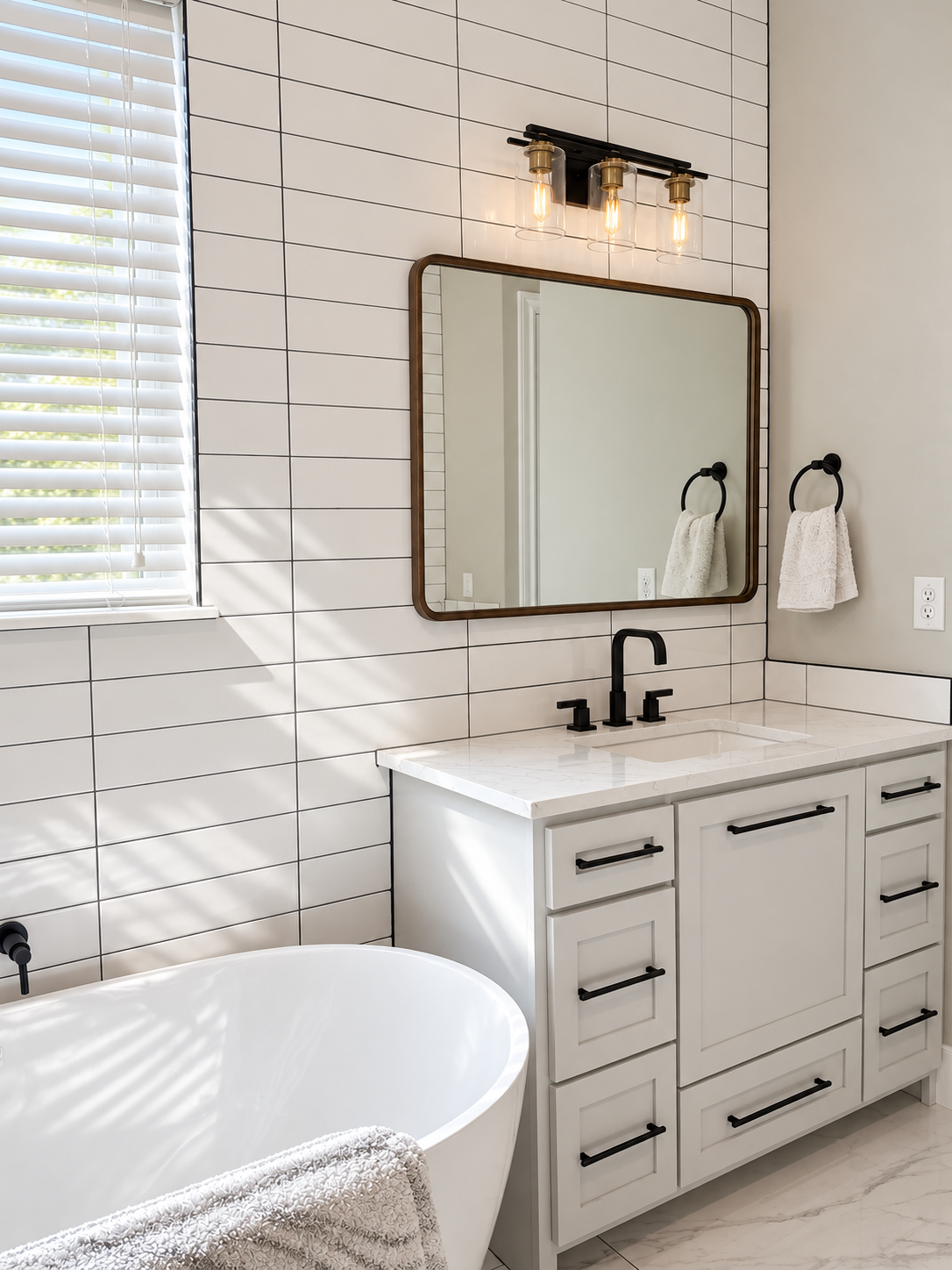White custom bathroom vanity with dark pulls, framed mirror, tiled wall and freestanding bathtub.